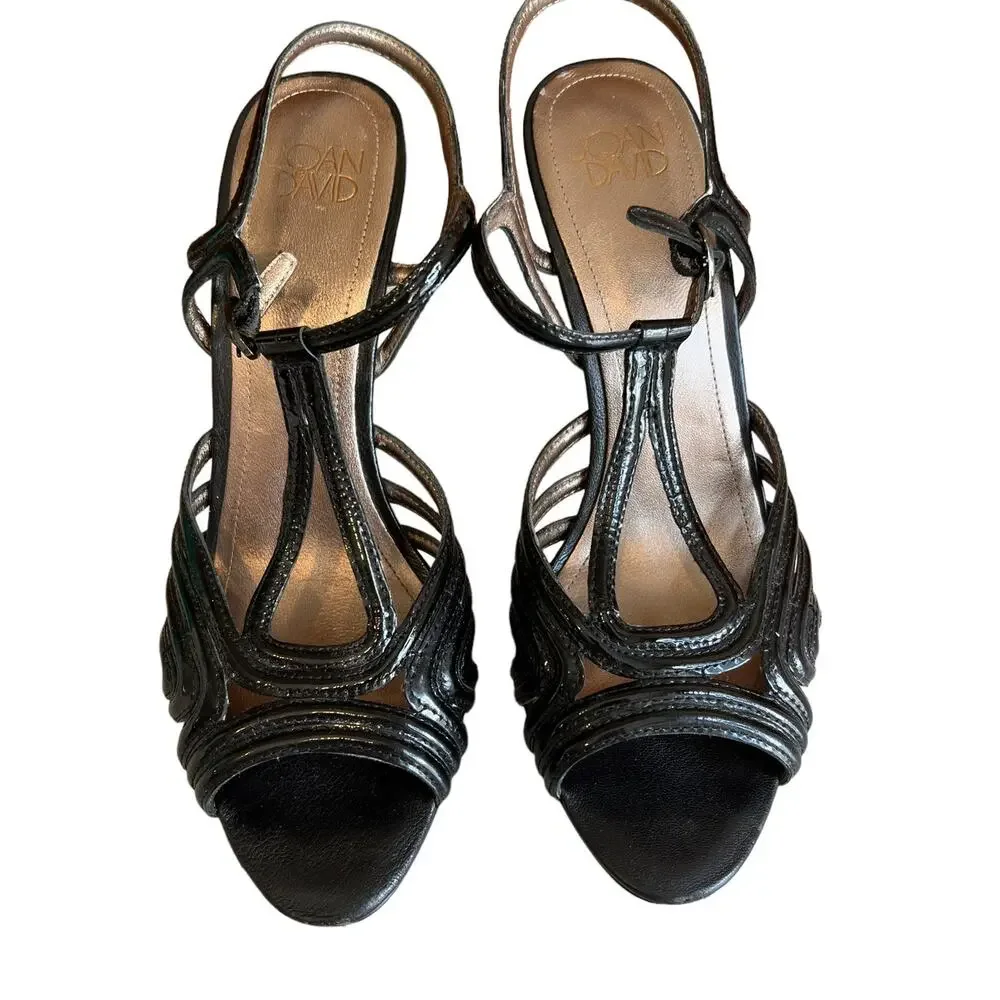 Joan & David strappy black patent leather Mary Jane Heeled Sandals 8.5